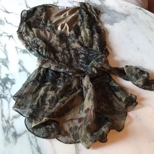 Brunello Cucinelli blouse x-bodice, tie waist, sheer blouse with snap-in liner